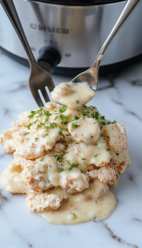 A creamy chicken Alfredo served in a white bowl, garnished with chopped parsley, with tender shredded chicken and fettuccine coated in a rich Alfredo sauce, set on a rustic wooden table with a fork and Parmesan cheese in the background, capturing a cozy and inviting dinner scene with warm lighting.