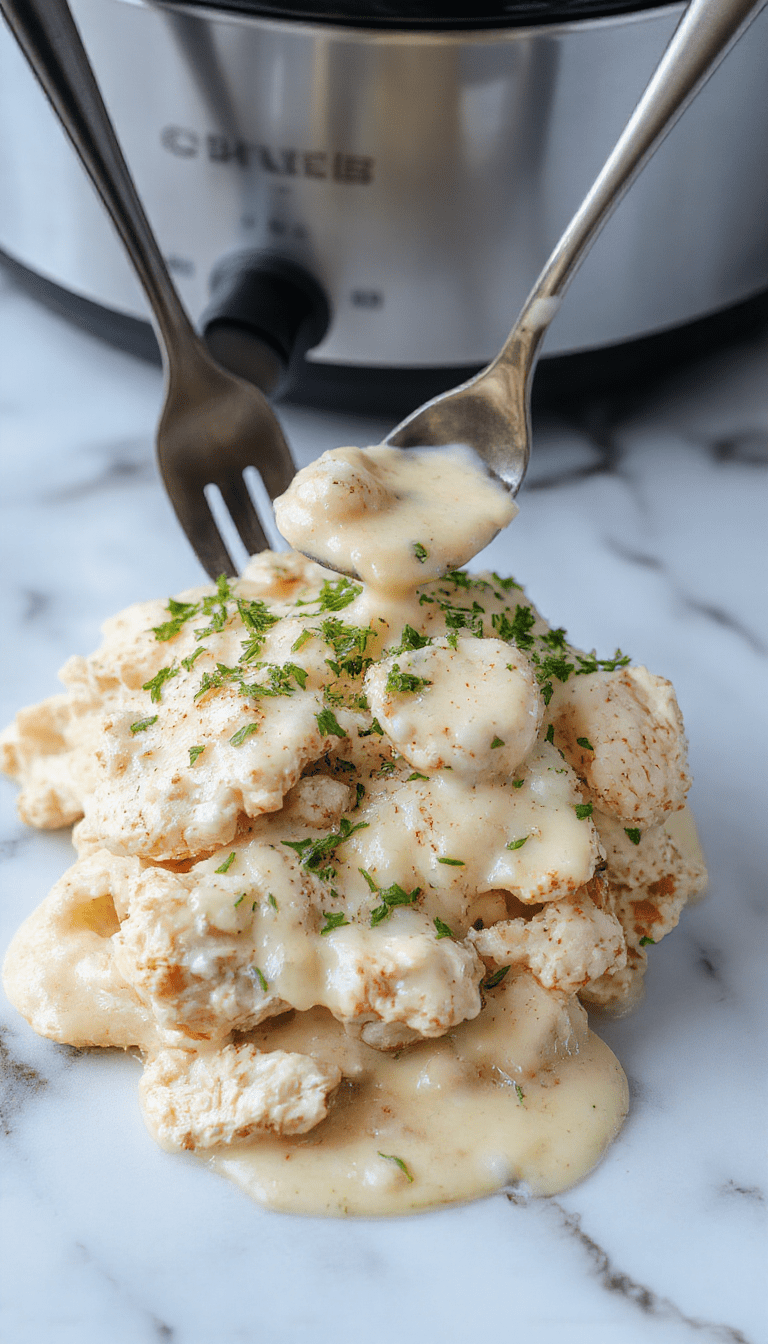 A creamy chicken Alfredo served in a white bowl, garnished with chopped parsley, with tender shredded chicken and fettuccine coated in a rich Alfredo sauce, set on a rustic wooden table with a fork and Parmesan cheese in the background, capturing a cozy and inviting dinner scene with warm lighting.