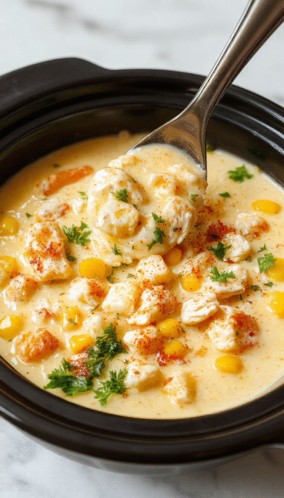 A hearty bowl of creamy chicken corn chowder garnished with fresh herbs on a rustic wooden table, showing tender chicken chunks, bright yellow corn kernels, and a rich, velvety broth topped with a sprinkle of black pepper and chopped parsley, styled with slices of crusty bread in the background.