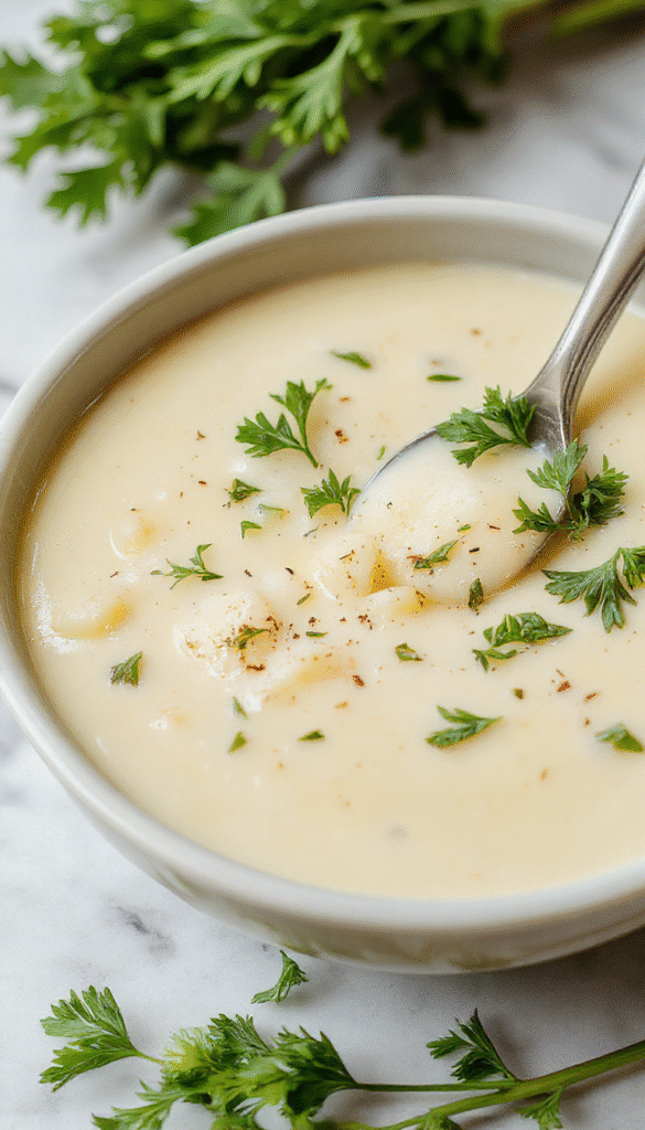 A vibrant bowl of vegan potato leek soup topped with fresh chopped chives and a drizzle of olive oil. The creamy soup showcases smooth blended potatoes and tender leek slices, set on a rustic wooden table with a side of toasted bread. The light green garnish adds color contrast and appetizing appeal.