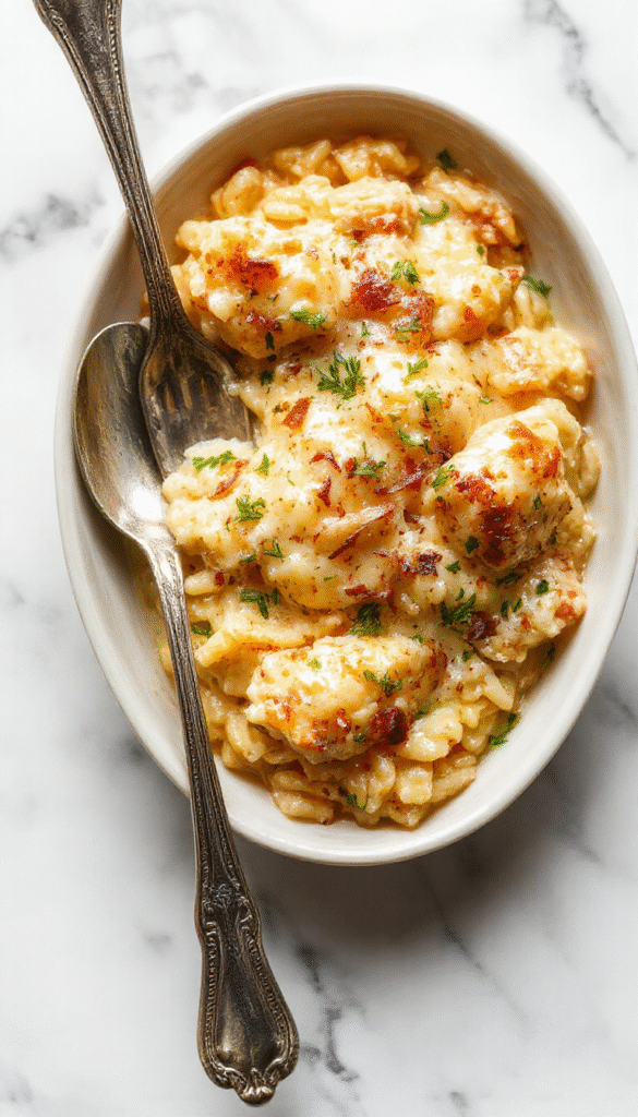 A savory casserole dish featuring tender chicken pieces, golden caramelized onions, melted cheese topping, and al dente orzo pasta, beautifully layered and served on a rustic wooden table with fresh herbs garnish.