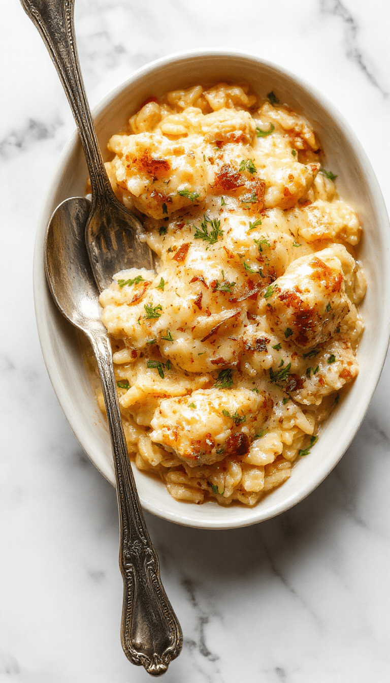 A savory casserole dish featuring tender chicken pieces, golden caramelized onions, melted cheese topping, and al dente orzo pasta, beautifully layered and served on a rustic wooden table with fresh herbs garnish.