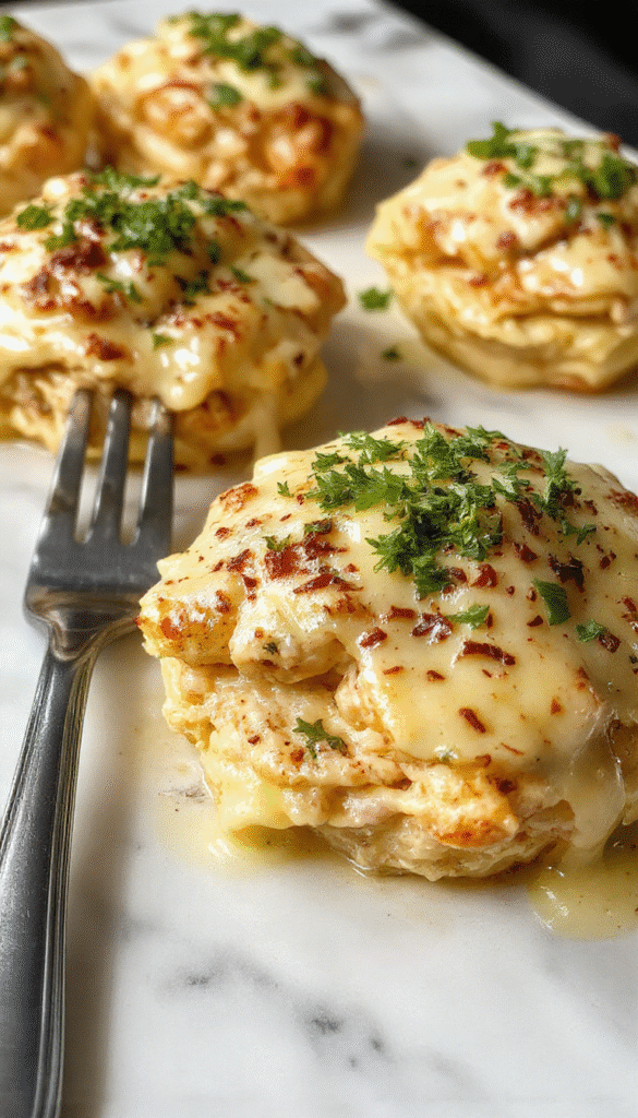 Colorful plate featuring golden-brown garlic butter chicken bites piled beside a luscious, creamy parmesan pasta garnished with fresh herbs, styled on a rustic wooden serving board with a sprinkle of grated cheese and chopped parsley for a tempting and hearty presentation.