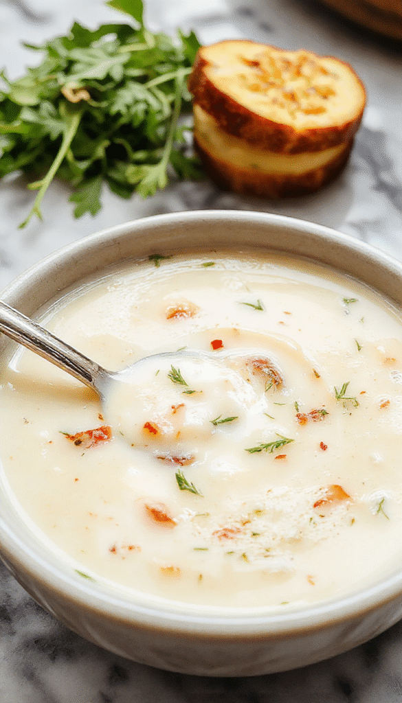 A bowl of velvety garlic soup garnished with fresh herbs, served in a rustic white bowl on a wooden table, with a drizzle of olive oil and crispy bread croutons on the side, capturing warm, inviting tones and a smooth, creamy texture.