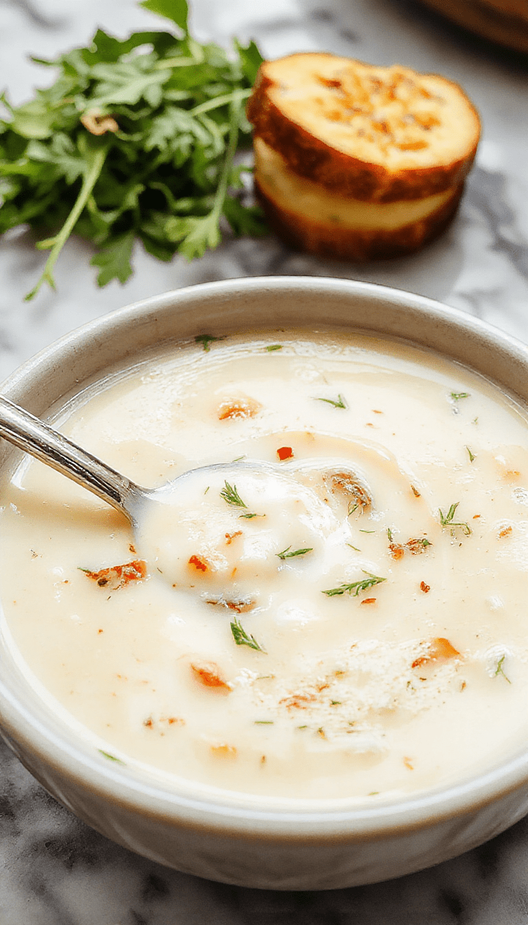 A bowl of velvety garlic soup garnished with fresh herbs, served in a rustic white bowl on a wooden table, with a drizzle of olive oil and crispy bread croutons on the side, capturing warm, inviting tones and a smooth, creamy texture.