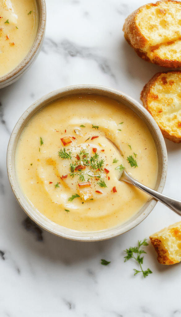 A steaming bowl of creamy gluten-free potato soup garnished with chopped chives and black pepper, served in a rustic white bowl on a wooden table with fresh potatoes and herbs around, showcasing a smooth, velvety texture and warm color palette.