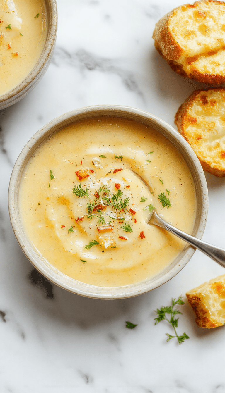 A steaming bowl of creamy gluten-free potato soup garnished with chopped chives and black pepper, served in a rustic white bowl on a wooden table with fresh potatoes and herbs around, showcasing a smooth, velvety texture and warm color palette.