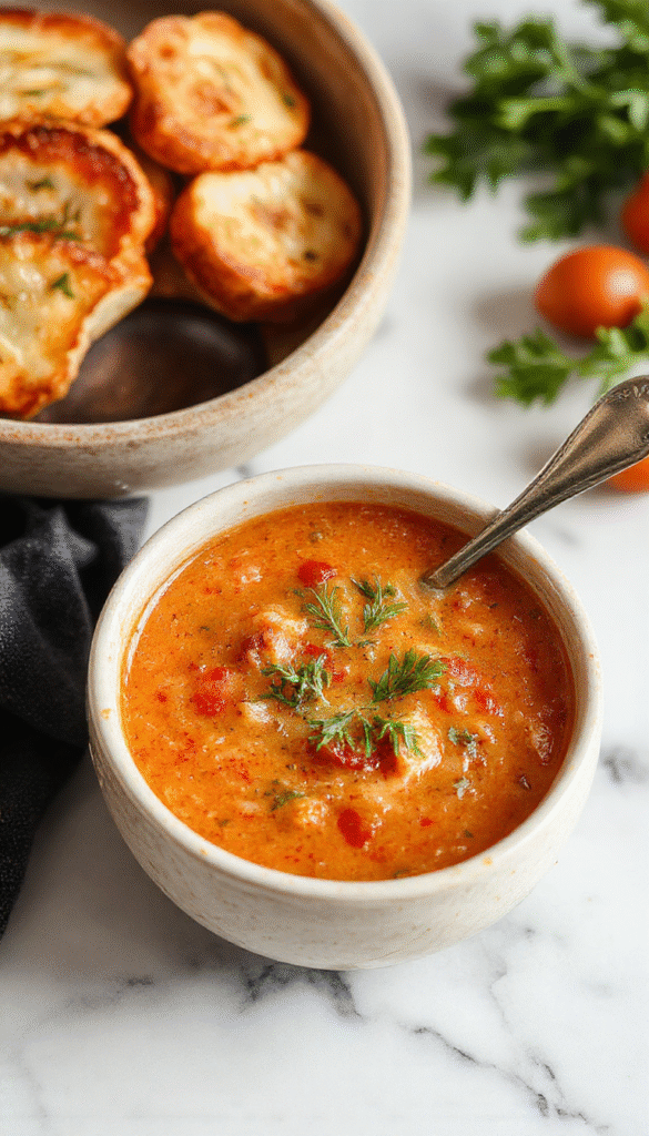 A vibrant bowl of homemade tomato soup with a smooth texture, garnished with fresh basil leaves and a drizzle of olive oil. The soup is served in a rustic white bowl on a wooden table, with a side of crusty bread and a linen napkin. The colors pop with rich reds and greens, creating an inviting and warm scene perfect for comfort food.