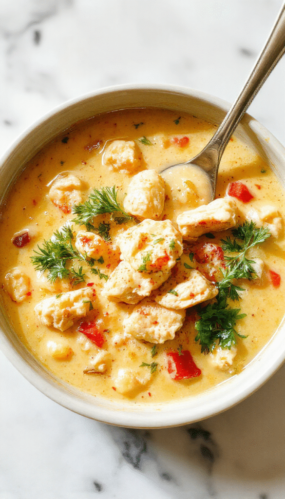 A vibrant bowl of creamy white chicken chili garnished with fresh cilantro and sliced jalapenos, with shredded chicken, white beans, and spices visible in a rich, smooth broth, set on a rustic wooden table with a spoon resting beside the bowl.
