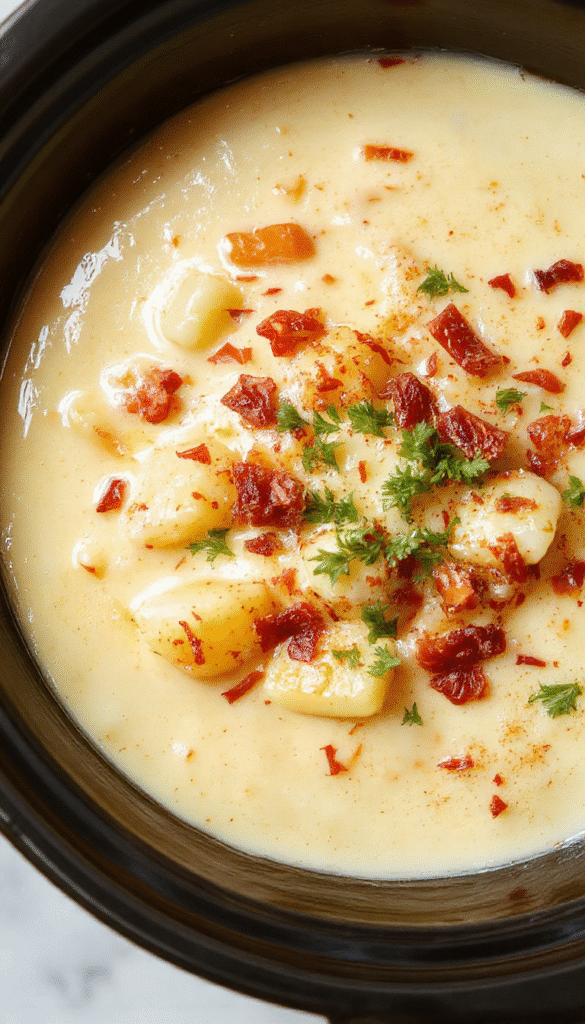 A bowl of creamy crockpot potato soup topped with shredded cheddar cheese, crispy bacon bits, chopped green onions, and a dollop of sour cream. The soup has a rich, thick texture with chunks of tender potatoes. The dish is garnished invitingly, showcasing vibrant green onions against the warm, golden-brown toppings, presented on a rustic wooden table with a cozy kitchen background.