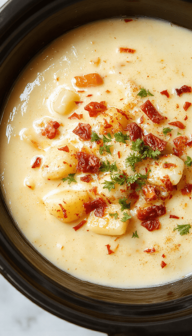 A bowl of creamy crockpot potato soup topped with shredded cheddar cheese, crispy bacon bits, chopped green onions, and a dollop of sour cream. The soup has a rich, thick texture with chunks of tender potatoes. The dish is garnished invitingly, showcasing vibrant green onions against the warm, golden-brown toppings, presented on a rustic wooden table with a cozy kitchen background.
