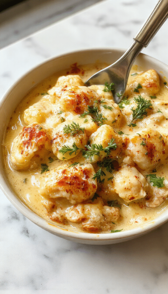 A vibrant bowl featuring golden-brown gnocchi topped with tender chunks of chicken and vegetables in a creamy sauce, garnished with herbs, all presented on a rustic wooden table with a flaky pie crust on the side.