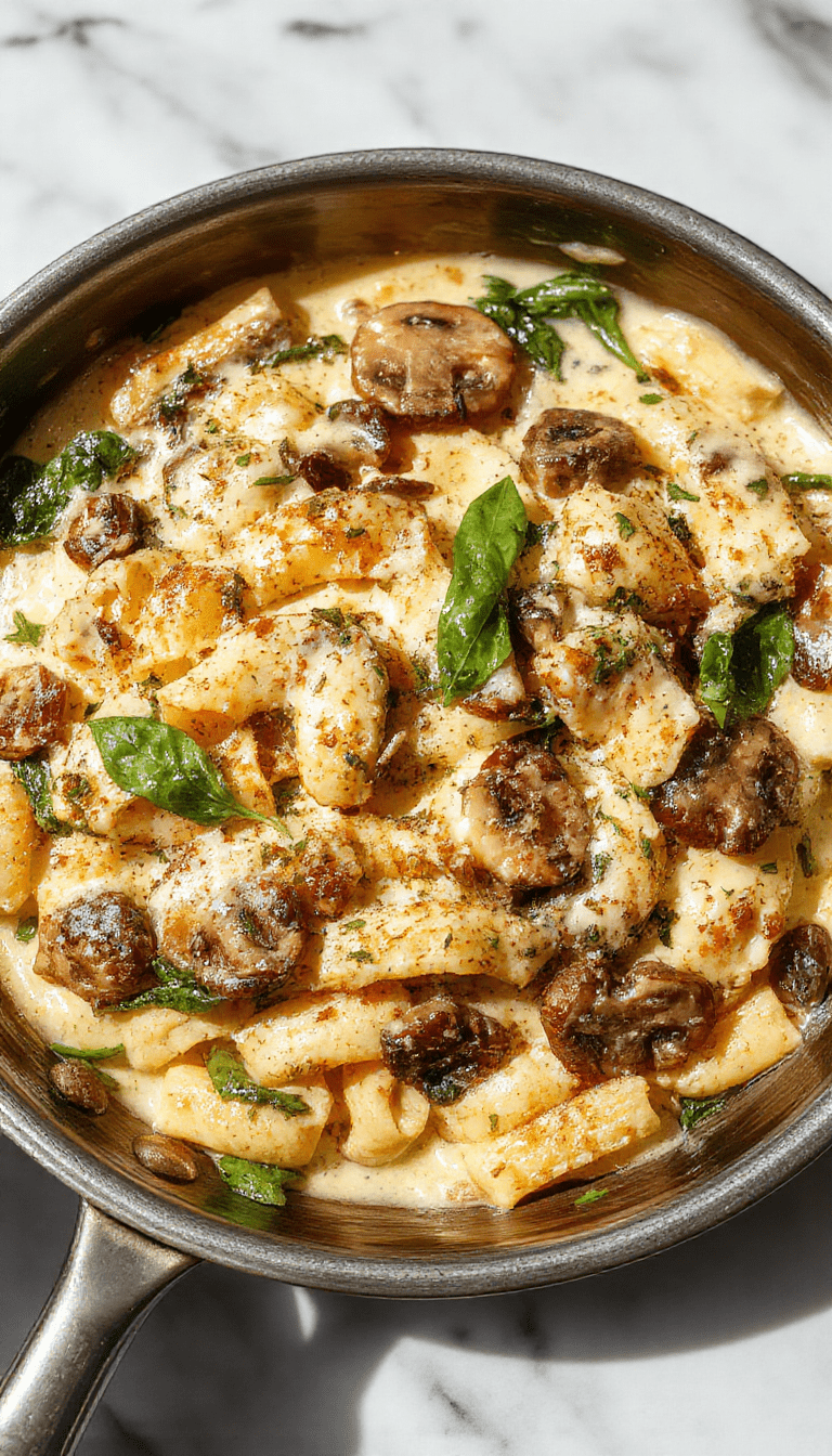 A vibrant skillet of creamy parmesan spinach mushroom pasta featuring al dente pasta coated in a rich, cheesy sauce, topped with fresh spinach and sautéed mushrooms, garnished with grated parmesan cheese, served on a rustic wooden table with herbs for decoration.