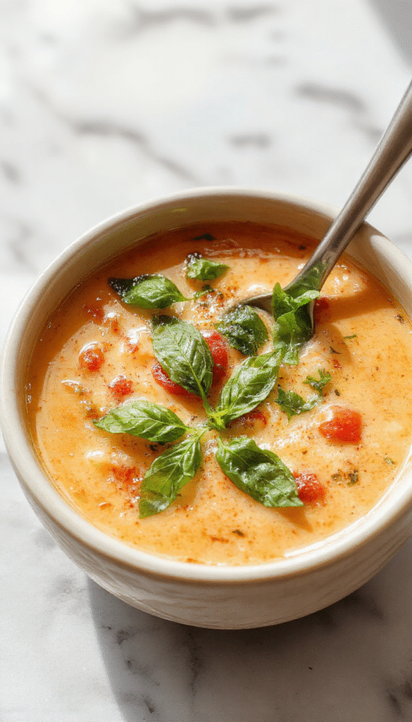 A vibrant bowl of roasted tomato basil soup garnished with fresh basil leaves, surrounded by toasted bread slices, with a smooth, velvety texture and rich red and green colors.
