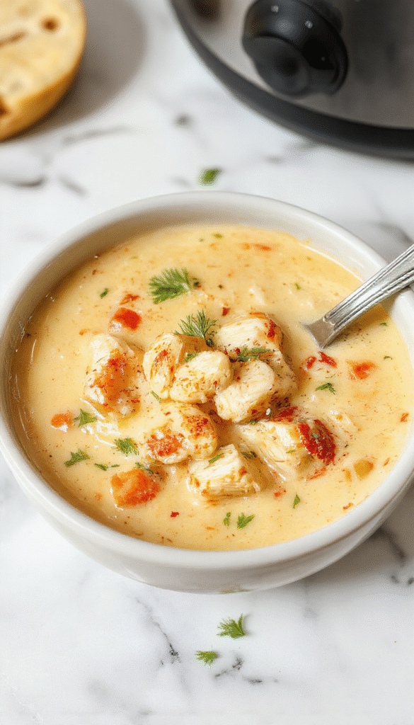 A vibrant bowl of creamy chicken crack soup garnished with chopped green onions, shredded chicken visible through a rich, velvety broth, served on a rustic wooden table with a spoon, showcasing a comforting and hearty presentation.