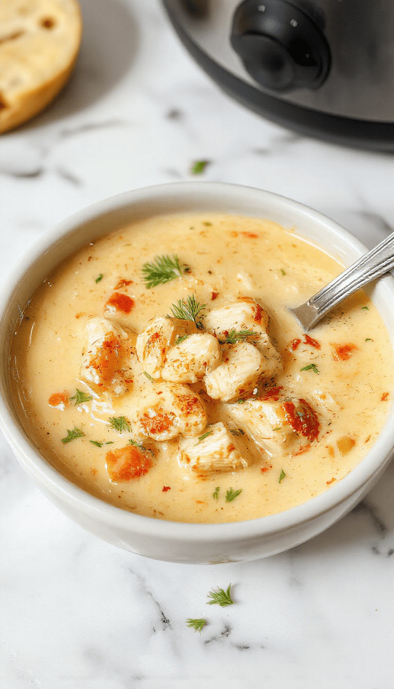 A vibrant bowl of creamy chicken crack soup garnished with chopped green onions, shredded chicken visible through a rich, velvety broth, served on a rustic wooden table with a spoon, showcasing a comforting and hearty presentation.