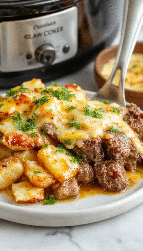A hearty casserole dish with golden melted cheddar cheese topping, tender slices of steak mixed with creamy potatoes, garnished with fresh herbs, served on a rustic plate with a side of green vegetables