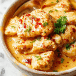 A vibrant bowl of Chicken Korma featuring tender, golden-brown chicken pieces in a rich, creamy, and aromatic sauce with hints of spices. The dish is garnished with fresh cilantro and served with fluffy basmati rice on a rustic wooden table, showcasing textures of silky sauce, tender chicken, and colorful herbs.