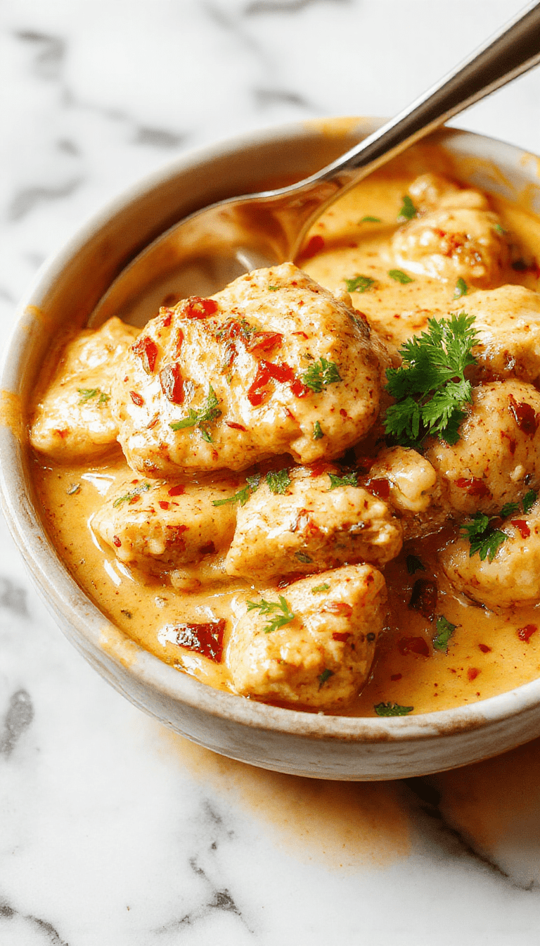 A vibrant bowl of Chicken Korma featuring tender, golden-brown chicken pieces in a rich, creamy, and aromatic sauce with hints of spices. The dish is garnished with fresh cilantro and served with fluffy basmati rice on a rustic wooden table, showcasing textures of silky sauce, tender chicken, and colorful herbs.