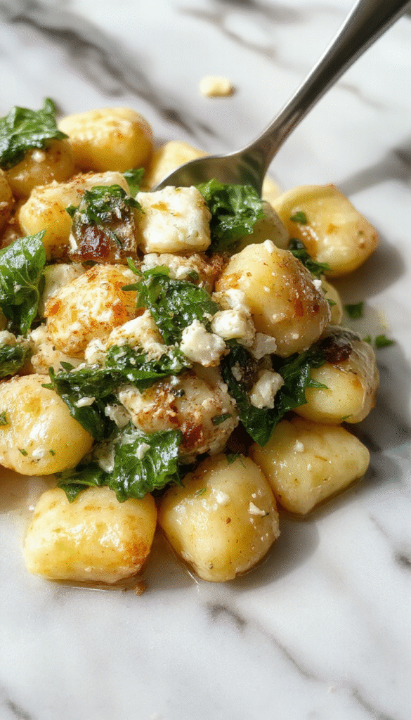 A close-up of creamy gnocchi on a white plate, garnished with fresh spinach leaves and crumbled feta cheese, featuring a rich sauce with a velvety texture, vibrant green spinach, and white feta contrasting against the pale gnocchi, styled with a sprinkle of herbs on a rustic wooden table