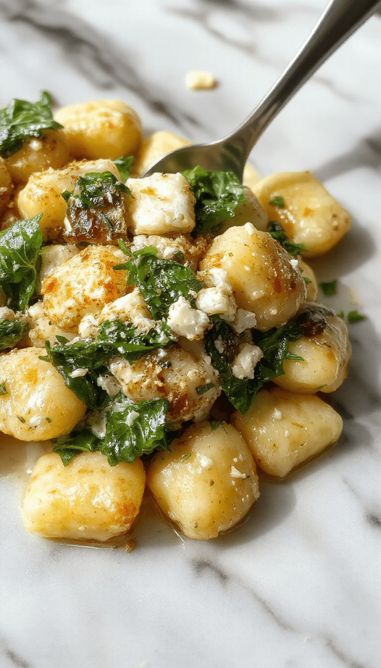 A close-up of creamy gnocchi on a white plate, garnished with fresh spinach leaves and crumbled feta cheese, featuring a rich sauce with a velvety texture, vibrant green spinach, and white feta contrasting against the pale gnocchi, styled with a sprinkle of herbs on a rustic wooden table