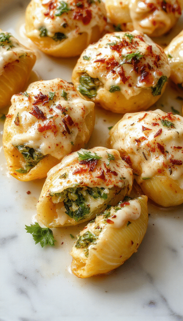 A vibrant plate of baked stuffed pasta shells filled with creamy ricotta and fresh spinach, topped with melted cheese and garnished with herbs, presented on a white plate with a rustic background.