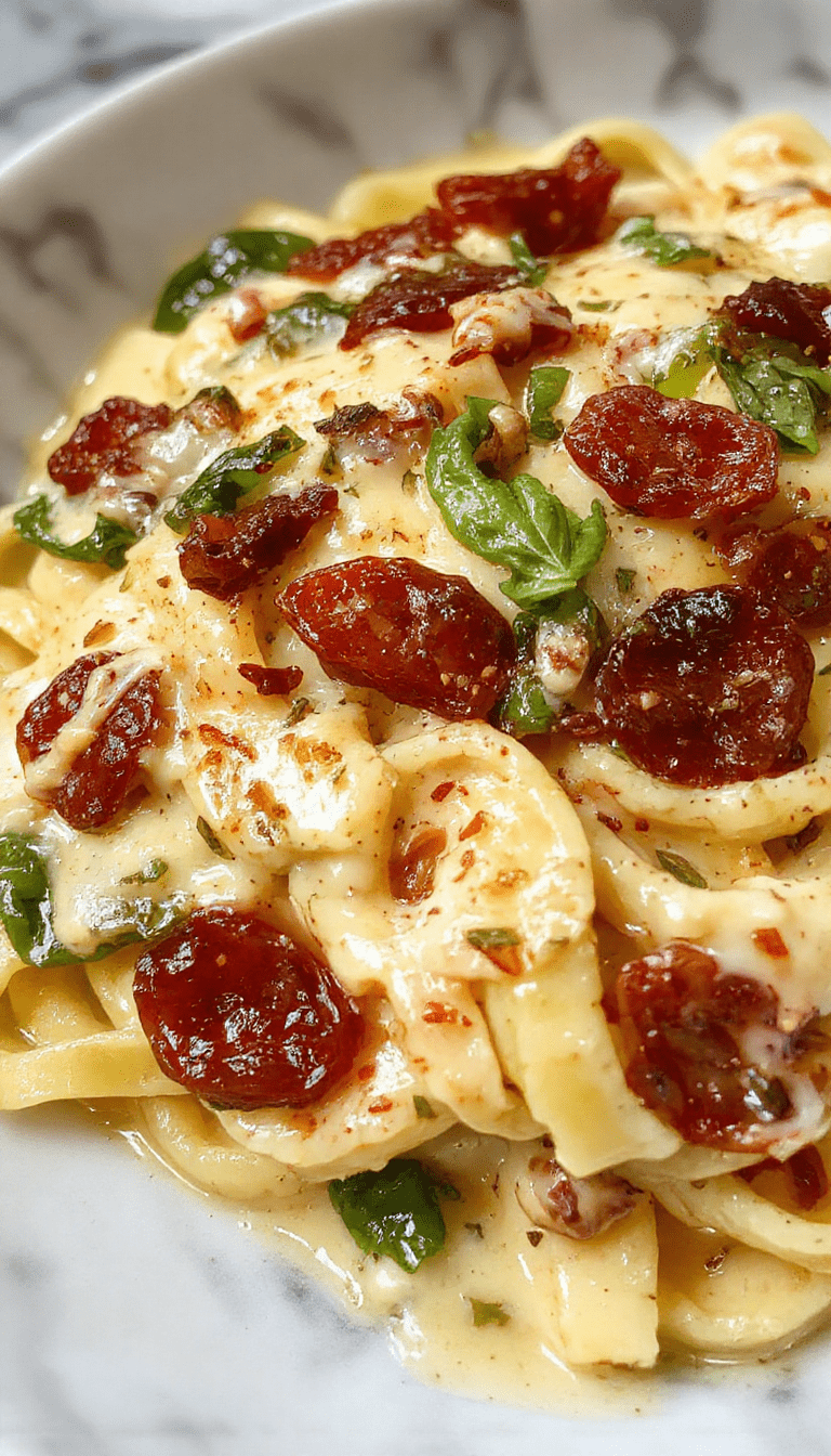 A vibrant white plate showcasing cooked spaghetti intertwined with fresh spinach leaves and diced sun-dried tomatoes coated in a luscious creamy sauce. The dish is garnished with grated cheese and herbs, styled elegantly with a rustic wooden background and a drizzle of olive oil.