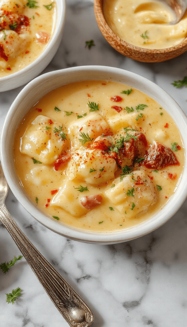 A vibrant bowl of creamy Tuscan ravioli soup featuring golden ravioli with a rich, velvety sauce, topped with fresh basil and grated Parmesan, served in a rustic white bowl on a wooden table with a spoon and fresh herbs in the background