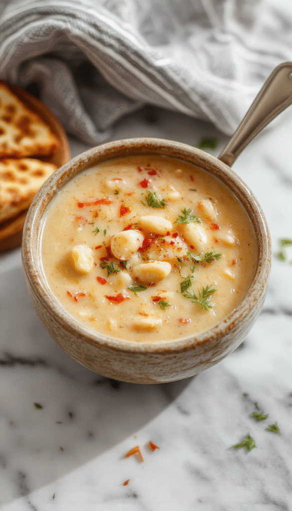 A bowl of creamy Tuscan white bean soup garnished with fresh herbs, served with crusty bread on a rustic wooden table, showcasing smooth texture and vibrant colors with green herbs and white beans.