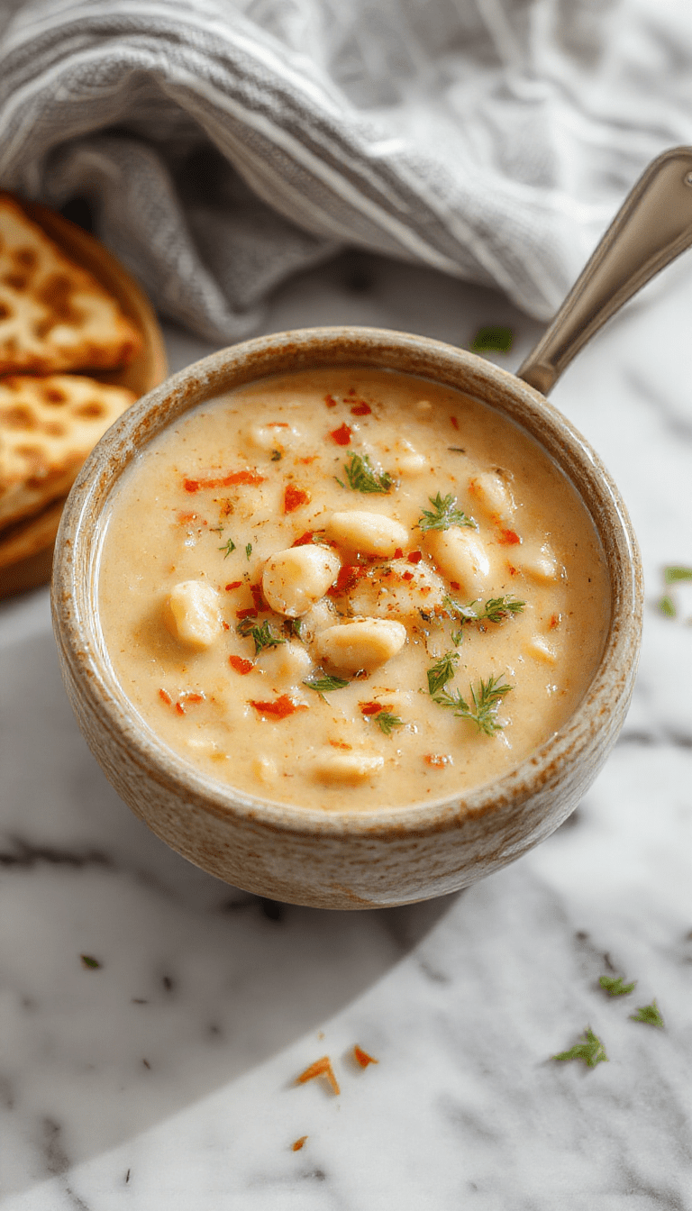 A bowl of creamy Tuscan white bean soup garnished with fresh herbs, served with crusty bread on a rustic wooden table, showcasing smooth texture and vibrant colors with green herbs and white beans.