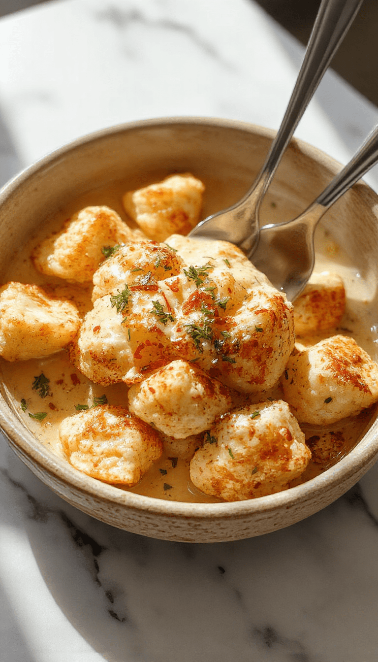 A vibrant white plate showcases tender cauliflower florets coated in a rich, golden butter sauce with sprinkles of fresh green herbs, styled elegantly with a rustic background and subtle garnishing.