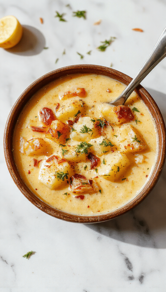 A vibrant bowl of creamy roasted garlic potato soup with a smooth texture, garnished with fresh herbs and a drizzle of olive oil, served on a rustic wooden table with roasted garlic and potato chunks surrounding it.