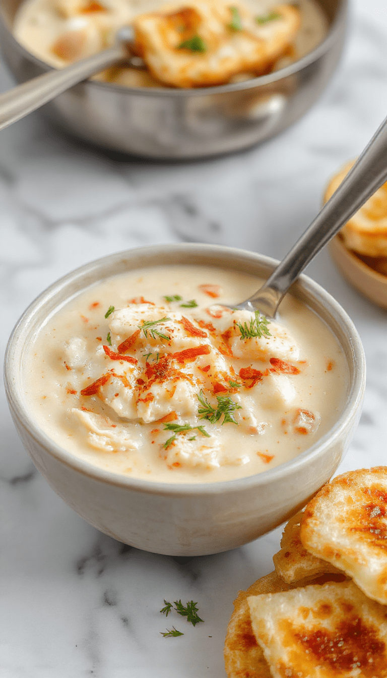 A vibrant bowl of creamy white chicken chili garnished with chopped cilantro, shredded cheese, and a dollop of sour cream. The chili features tender chunks of chicken, white beans, and diced green chilies in a rich, smooth broth. The bowl is set on a rustic wooden table with a spoon resting beside it, styled with fresh herbs and warm lighting highlighting the textures and inviting aroma.