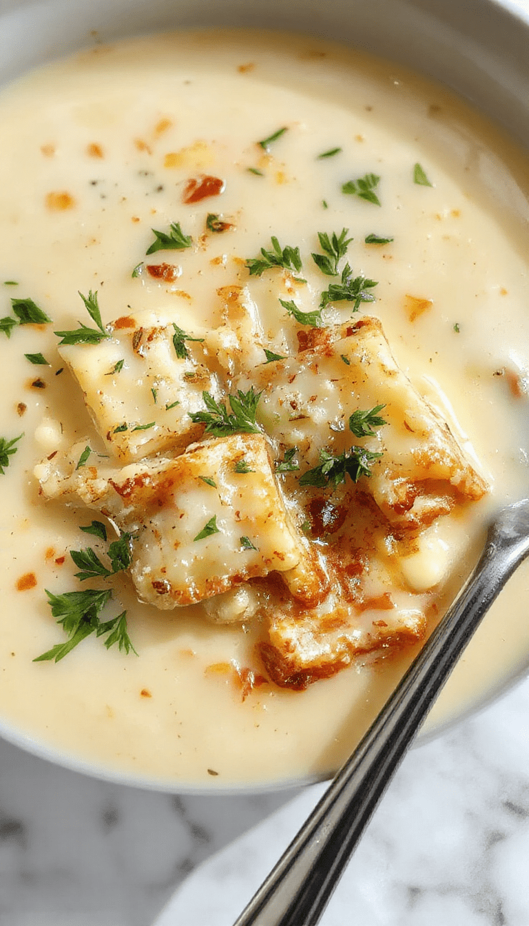 A bowl of creamy white lasagna soup topped with shredded mozzarella cheese and fresh basil, surrounded by pasta, cheese, and herbs on a rustic wooden table, vibrant and appetizing