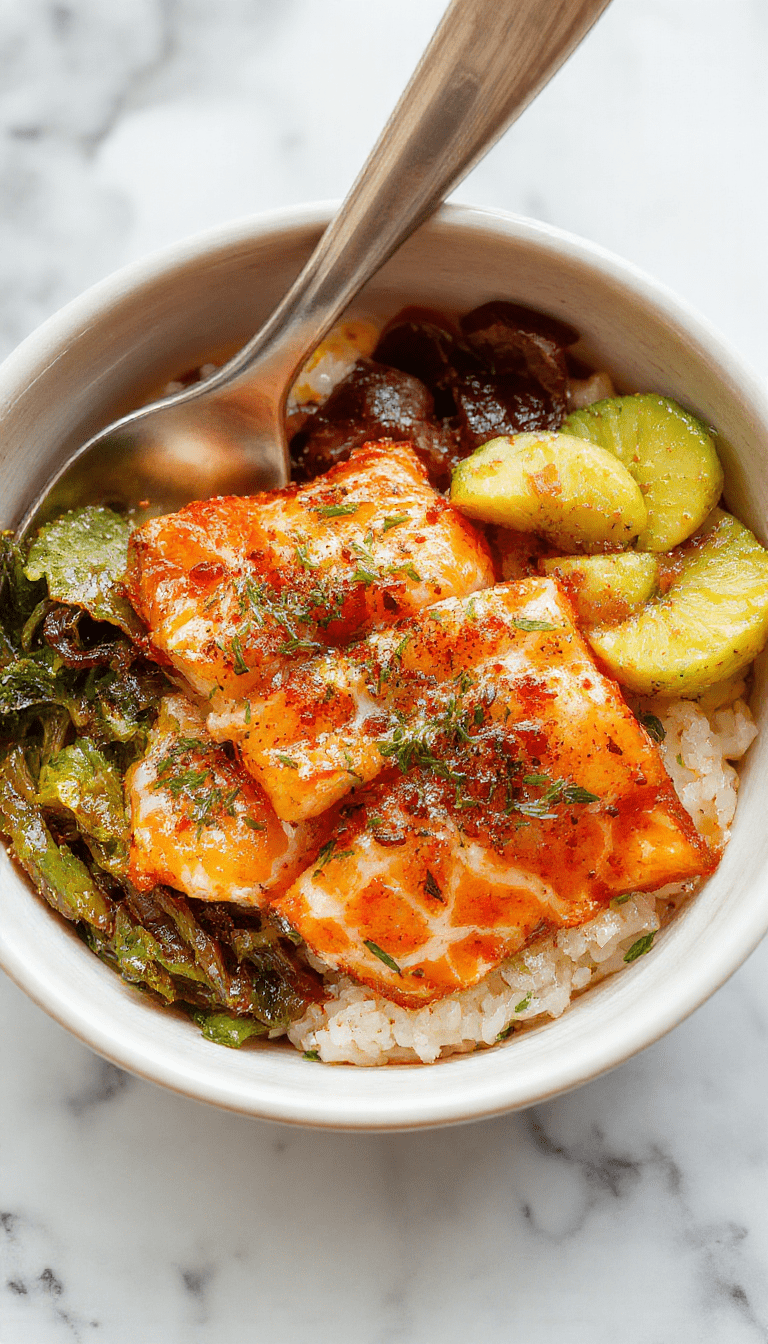 A vibrant and appetizing crispy salmon and rice bowl featuring golden-brown crispy salmon fillets atop fluffy white rice, garnished with fresh green herbs and colorful vegetables, served in a stylish white bowl with a drizzle of sauce. The dish showcases a perfect balance of textures and bright colors, styled with a modern minimalist backdrop emphasizing freshness and gourmet appeal.