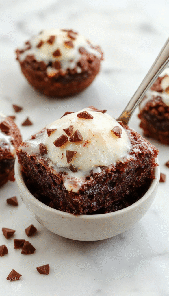 A close-up shot of rich, fudgy one bowl brownies with a cracked shiny top, sliced into squares on a rustic wooden tray, garnished with chocolate chips and a glass of milk in the background, showcasing their moist texture and gooey interior.