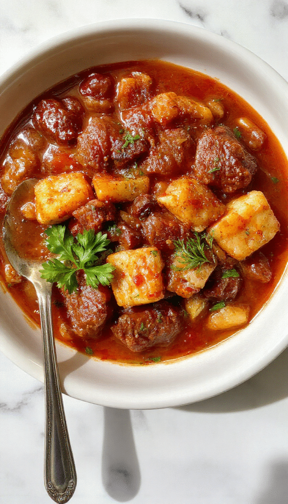A rustic bowl of steaming German Goulash showcasing rich caramel-colored beef chunks and vibrant red paprika sauce, topped with fresh herbs, served on a wooden table with crusty bread and vegetables on the side, evoking a hearty, comforting meal