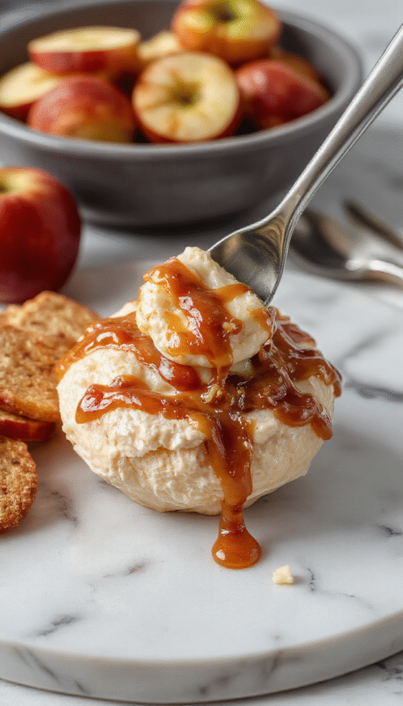 A creamy cheesecake dip with swirls of caramel and chunks of fresh green apples, topped with caramel drizzle and chopped nuts, presented in a clear glass bowl surrounded by apple slices and caramel candies, with a rustic wooden backdrop and soft lighting highlighting textures and vibrant colors