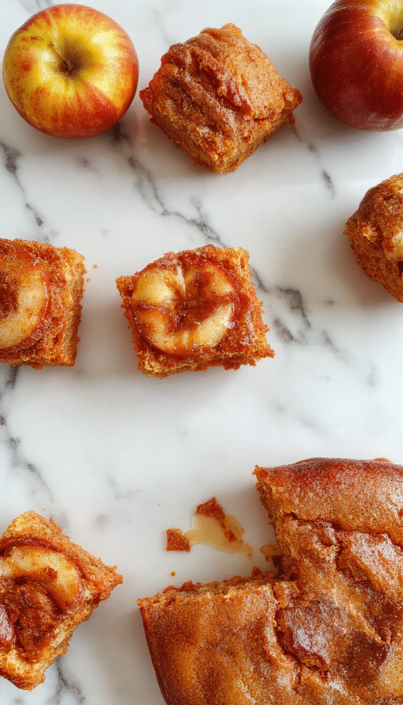 A slice of moist cinnamon apple cake on a rustic wooden plate, topped with cinnamon sugar and fresh apple slices, with a warm caramel drizzle, surrounded by cinnamon sticks and crunchy walnuts, all styled with a cozy autumn backdrop and soft natural lighting.