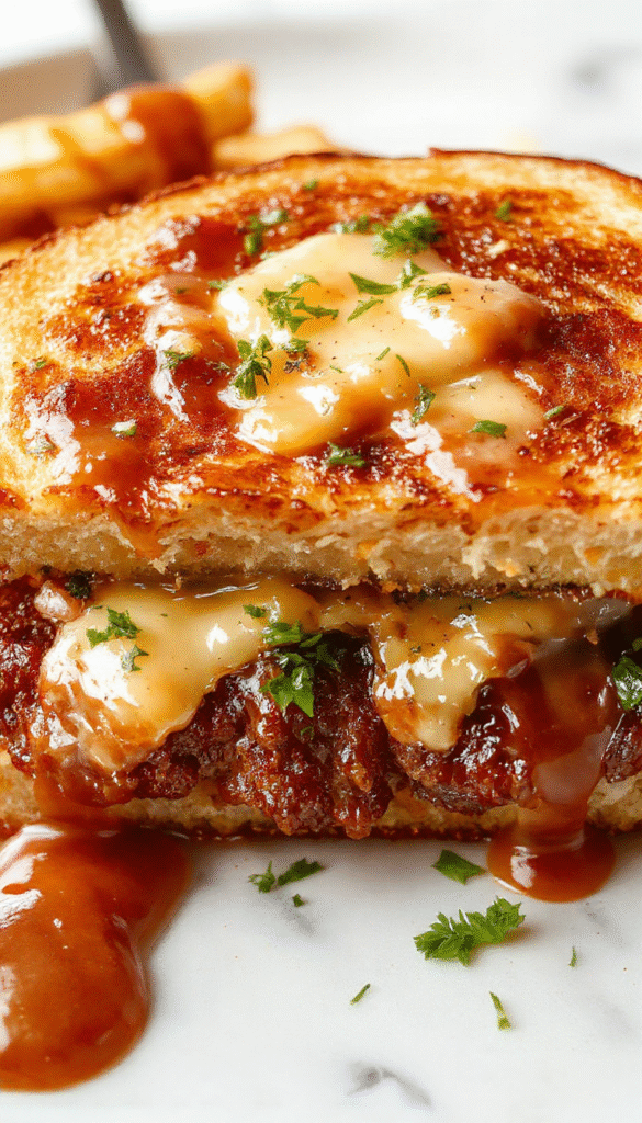 A close-up of a crispy patty melt sandwich on a rustic wooden plate, featuring golden toasted bread, a juicy beef patty, melted cheese, caramelized onions, and garnished with fresh herbs, styled with a side of pickles and a drizzle of sauce, set against a cozy kitchen background with warm lighting.