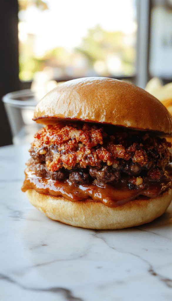 A close-up of a juicy half-cut crack burger revealing melted cheese, crispy bacon, fresh lettuce, tomato, and pickles, all stacked high on a rustic wooden plate with a side of crispy fries and a dipping sauce, styled with vibrant colors and appealing textures.
