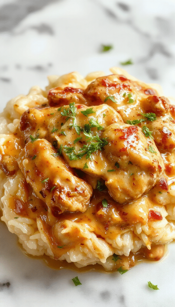 A vibrant plate of creamy smothered chicken and rice showing tender chicken breasts covered in a rich, velvety sauce, served alongside fluffy rice. The dish is garnished with fresh herbs and sprinkled with chopped green onions, with a rustic wooden background and a side of colorful vegetables, highlighting the comforting and savory appeal of the meal.