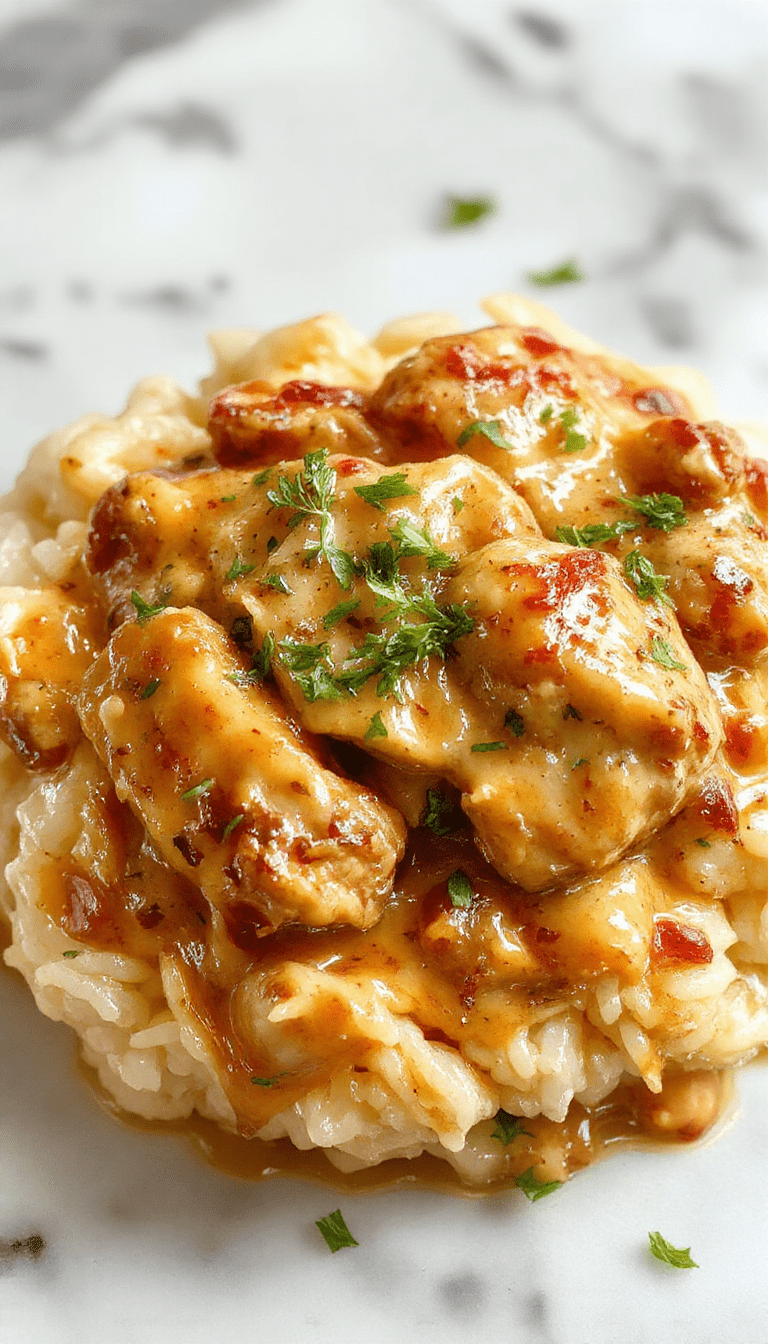 A vibrant plate of creamy smothered chicken and rice showing tender chicken breasts covered in a rich, velvety sauce, served alongside fluffy rice. The dish is garnished with fresh herbs and sprinkled with chopped green onions, with a rustic wooden background and a side of colorful vegetables, highlighting the comforting and savory appeal of the meal.
