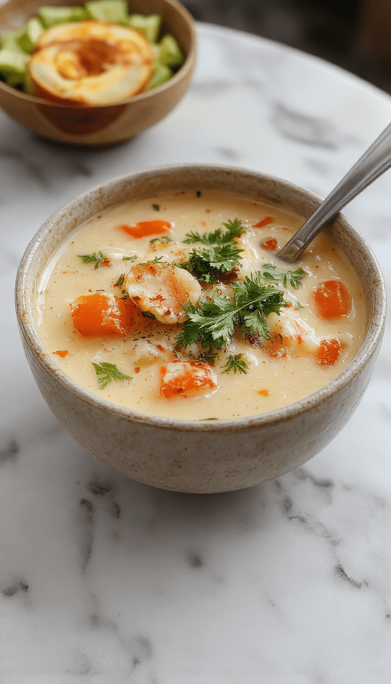 A vibrant bowl of creamy vegetable soup garnished with fresh herbs, colorful diced vegetables, and a swirl of cream on top, served in a rustic white bowl on a wooden table with a spoon and a side of crusty bread.