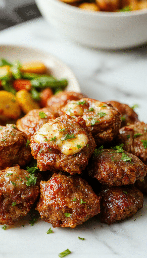 Colorful plate of succulent beef bites coated in garlic butter sauce, garnished with fresh herbs, served alongside roasted vegetables on a rustic wooden table