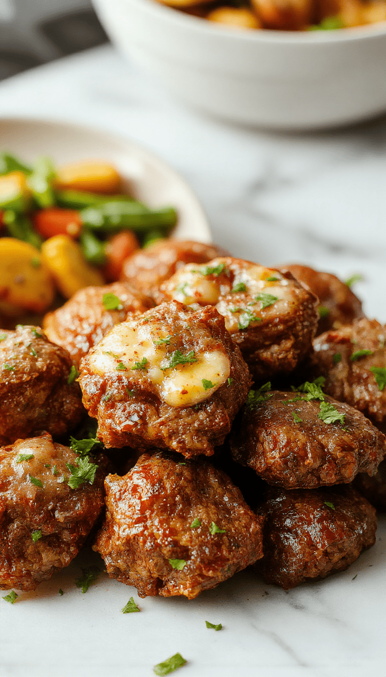 Colorful plate of succulent beef bites coated in garlic butter sauce, garnished with fresh herbs, served alongside roasted vegetables on a rustic wooden table
