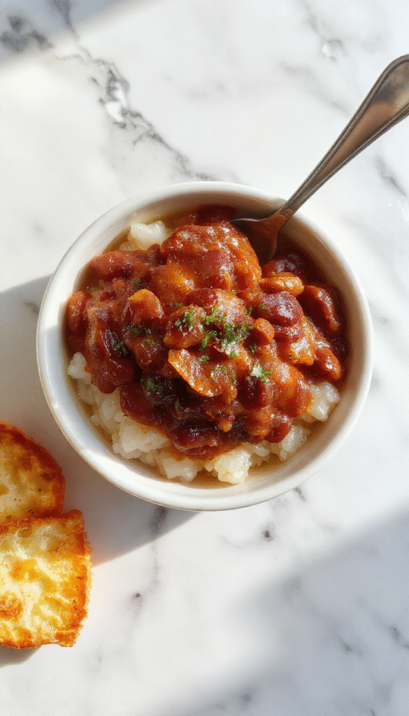 A colorful plate featuring hearty red beans cooked in a rich, spicy sauce, served over fluffy white rice. The dish is garnished with chopped green onions and fresh herbs, with a rustic wooden table background and a side of sliced bread, showcasing vibrant red, green, and white colors with steaming textures.