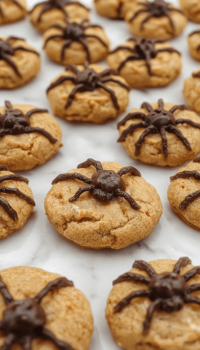 Colorful peanut butter spider cookies on a rustic wooden surface, with glossy chocolate coating and edible candy eyes creating a fun spider shape, textures of smooth peanut butter and crispy cookie edges visible, styled with a few scattered crumbs and a bright background that highlights the playful design