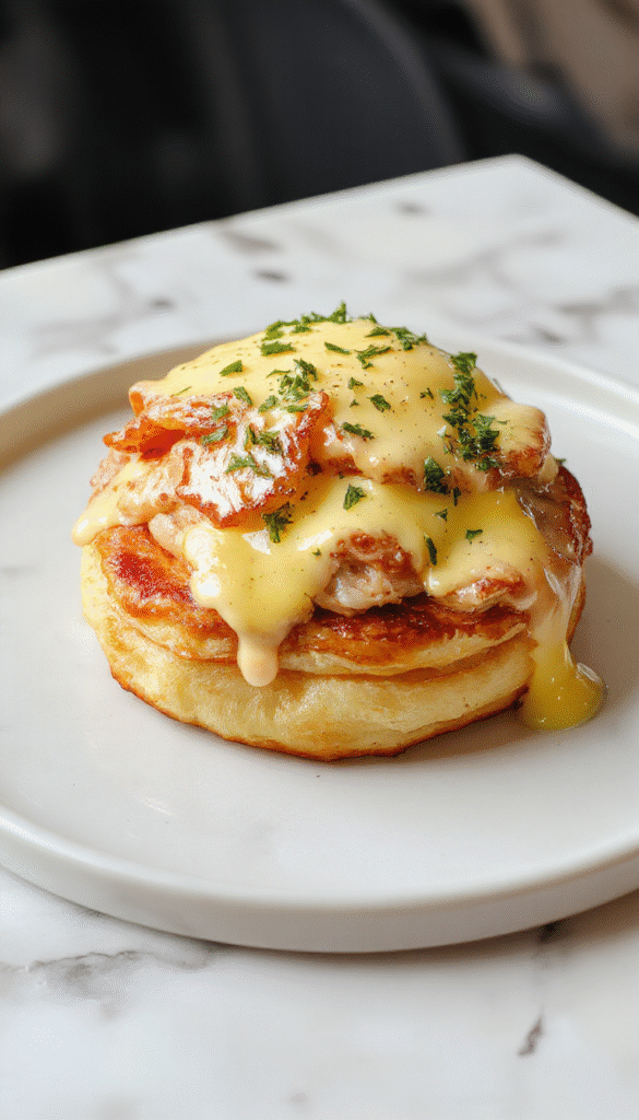 Golden puff pastry topped with a perfectly cooked sunny-side-up egg, melted cheese, slices of ham, and a drizzle of creamy hollandaise sauce, styled on a rustic wooden board with fresh herbs and a fork.