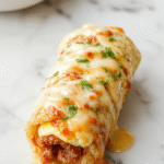 Colorful breakfast roll-ups featuring golden brown sausage, fluffy scrambled eggs, melted cheese, and freshly rolled tortilla wraps arranged on a rustic wooden plate, garnished with chopped herbs, with a soft-focus background of kitchen essentials.